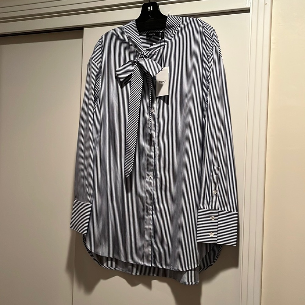 Theory bow neck blouse- navy and white stripe. Longer length stretch cotton.